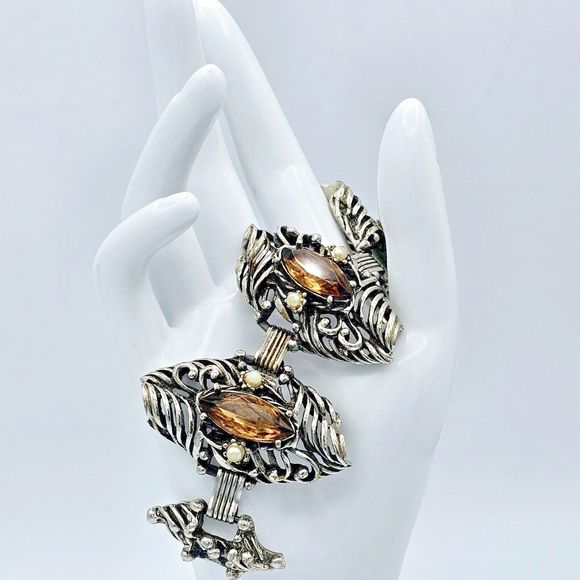 Brutalist Jewel Bracelet Bangle Vtg Brown Jewel Pearl Open Scroll Segment Viking - Picture 10 of 12